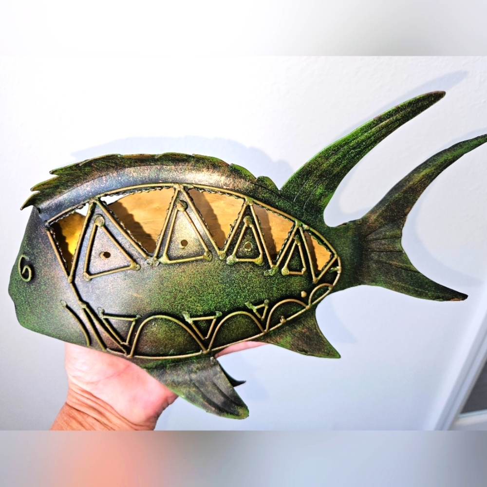Decorative Fish DoubleTealight Metal Sculpture 12" Long Like New! Handmade